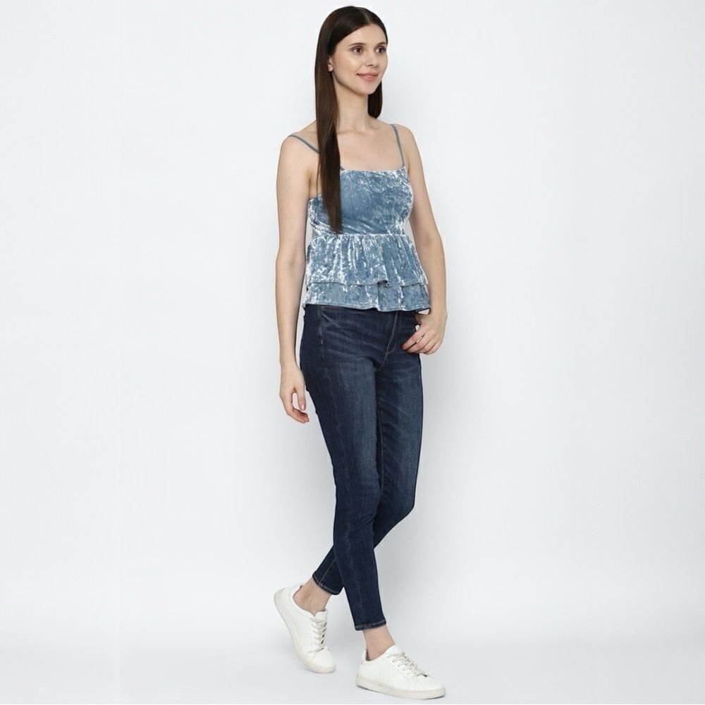 American Eagle Shirt Velvet Tiered Babydoll Top Blue Size Small NWT - Picture 10 of 11